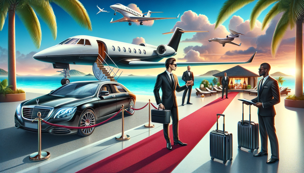 scene of luxury and exclusivity for a blog post about high-end concierge services. A sleek private jet is parked on a runway, with a chauffeur in a black suit opening the door of a luxurious car in the foreground. VIP access to an upscale event is suggested by a red carpet and velvet ropes. In the background, an exotic travel destination features crystal-clear waters and an exclusive resort. A personal concierge, dressed in a stylish suit, is seen coordinating these services, holding a tablet. The overall composition exudes opulence, sophistication, and appeals to those interested in elite concierge services.