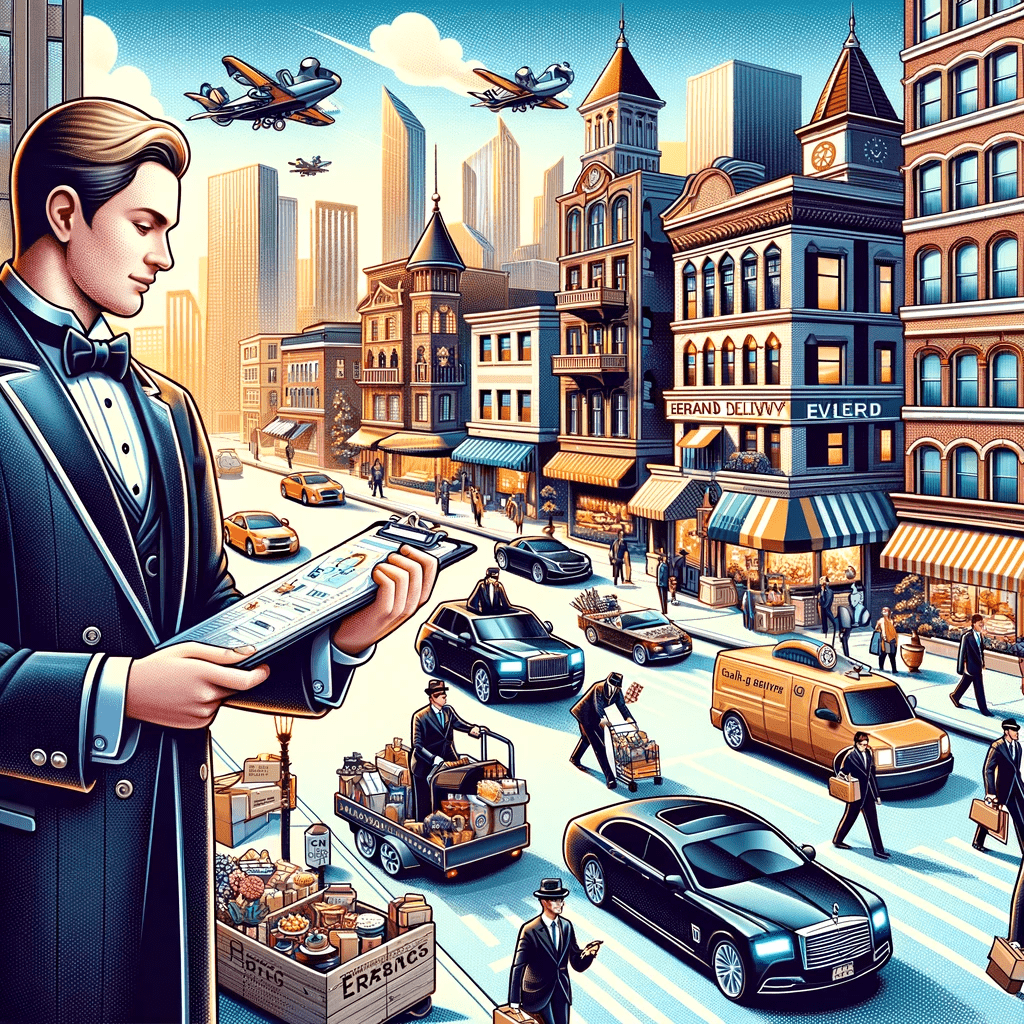 Vito Concierge's daily errands services depicted in a vibrant city setting with a focus on efficiency and luxury. An elegantly dressed concierge manages tasks on a digital device in the foreground, while the background buzzes with activity: people shopping, vehicles in transit, and errand carts loaded with goods. The detailed illustration captures the essence of Vito Concierge's personalized and professional errand services offered on the services page
