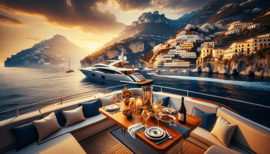 Sunset view of the Amalfi Coast with a luxury yacht anchored near the shore, featuring an elegantly set dining table on deck, against a backdrop of colorful cliffside buildings and the tranquil Mediterranean Sea Italy vito concierge travel