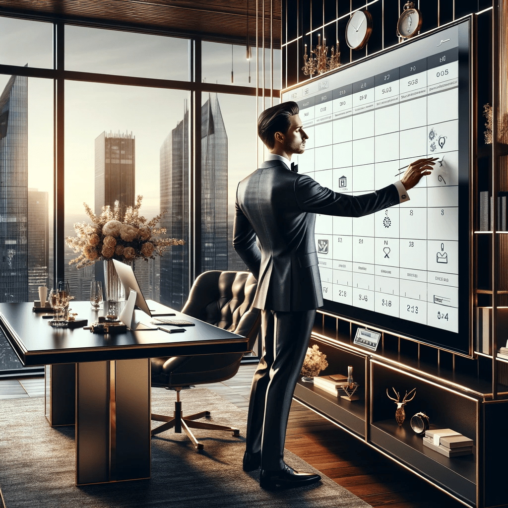 Image of a luxurious office with a view of the cityscape, featuring a Caucasian male personal assistant in a sharp suit using a high-tech digital calendar on a wall-mounted touchscreen. The setting represents a Personal Assistant Concierge Service, with a stylish desk, premium gadgets, and fresh flowers, exuding an atmosphere of calm, organization, and high-end professionalism