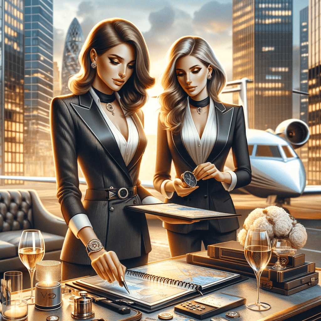 Image showing a sophisticated Caucasian female personal assistant in elegant business attire from Vito Concierge, standing in a high-end urban environment with a private jet in the background. She is engaged in organizing high-end travel arrangements, with sophisticated event planning materials displayed on a sleek table nearby. The scene embodies luxury, professionalism, and the comprehensive nature of exclusive personal assistant concierge services